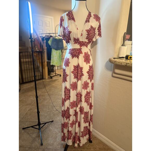 Veronica M Deep V-Neck White Pink Paisley Floral Maxi Dress M 6-10 - Picture 4 of 5